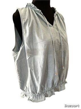 New! Nicole Miller Light Blue Sleeveless Ruffle-Neck Drawstring Top size XL